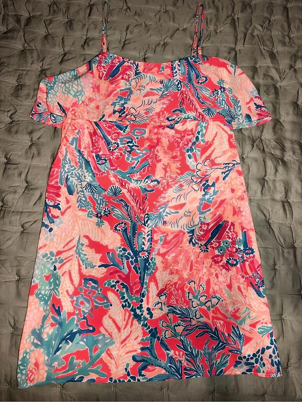 Lilly Pulitzer Small Pink Blue Tropical Print Cold Shoulder Ruffle Dress